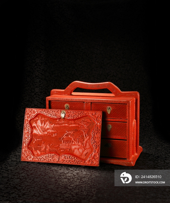红漆山水文具盒