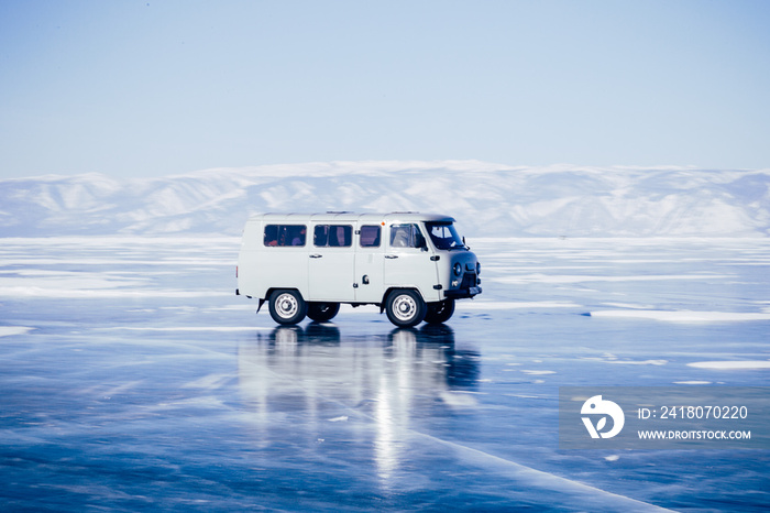 Baikal Lake in winter. Winter tourism in Russia.