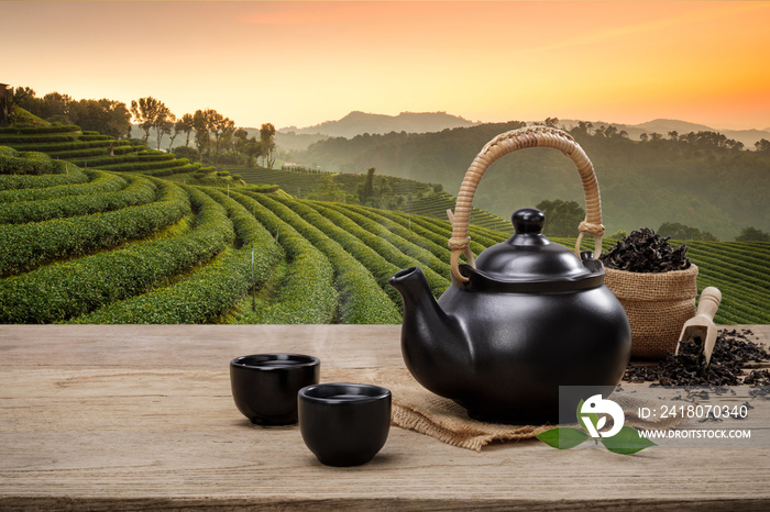 一杯热茶，茶壶、绿茶叶和干香草放在种植园后面的木桌上