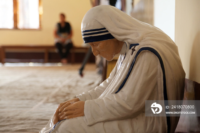 Statue of Mother Teresa in the chapel of the Mother House, Kolkata, India. The statue was made in th