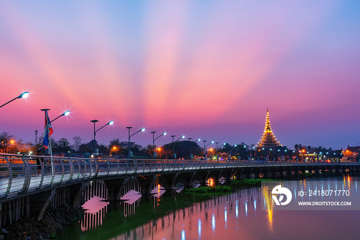 nice sky with birdge and nongwang temple on kaennakorn lake