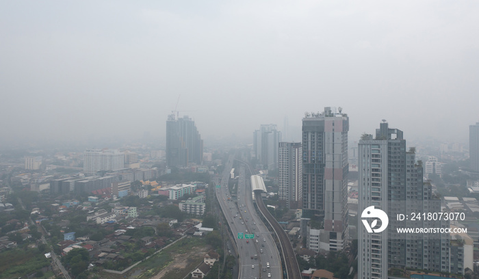 Aerial view of highway street road at Bangkok Downtown Skyline, Thailand. Financial district and bus