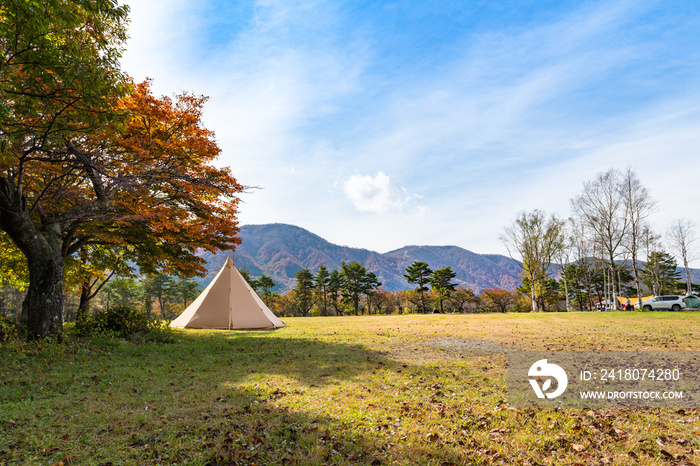 日本　紅葉の高原のキャンプ場