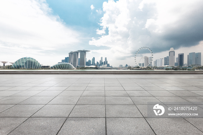 empty marble floor with cityscape of modern city