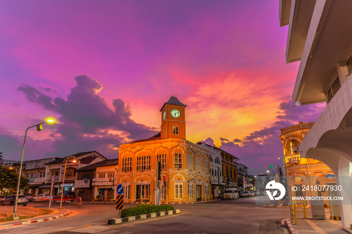 sunset above Charter intersection there have the antique architect in the middle of Phuket city.