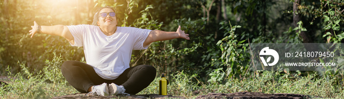 woman stretching  muscle breathe fresh air with happy.