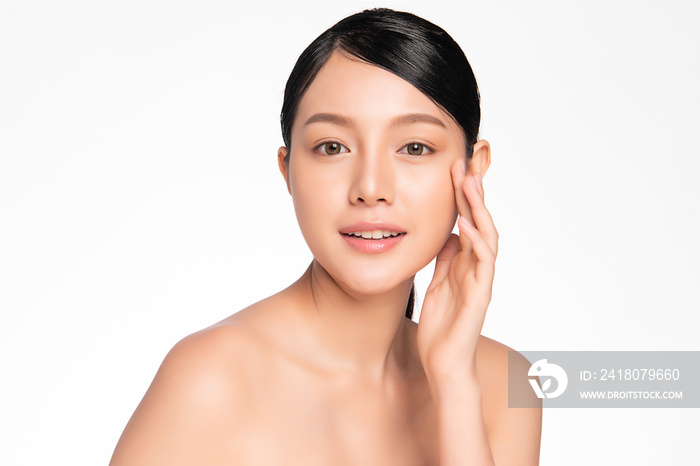 Beautiful young asian woman with clean fresh skin on white background, Face care, Facial treatment, 