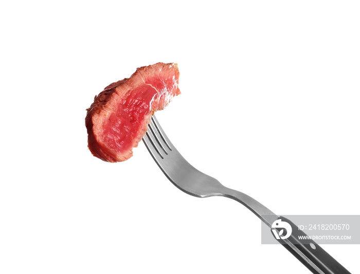 Fork with piece of cooked meat on white background