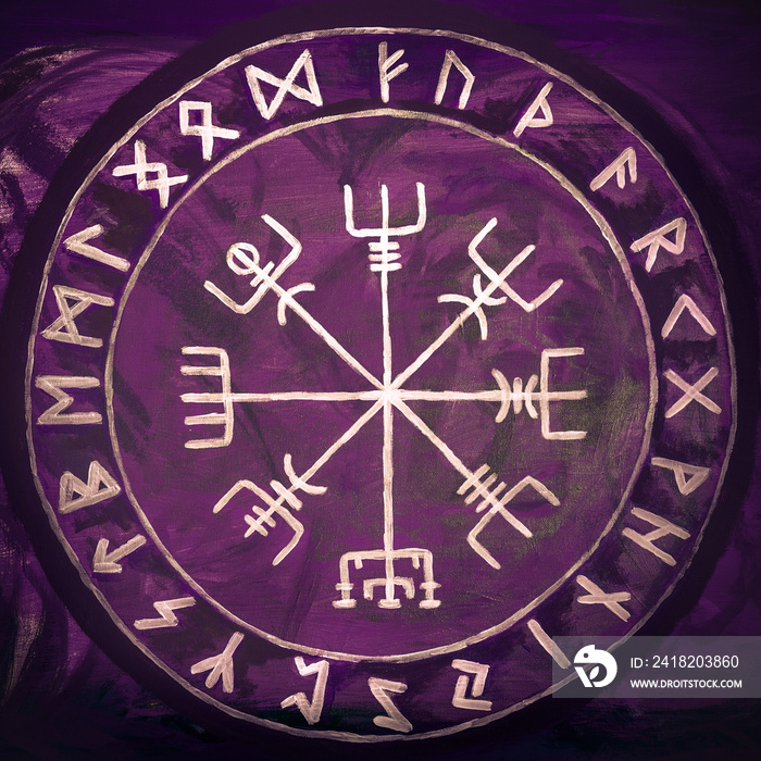 Vegvisir-Winkingerkompas, ialändisches Symbol mir Runen auf violettem Grund