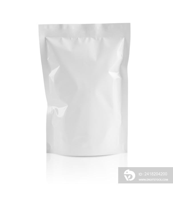 Blank white aluminium foil plastic pouch bag sachet packaging mockup isolated on white background