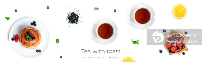 Beautiful breakfast with tea and pancakes isolated on a white background.