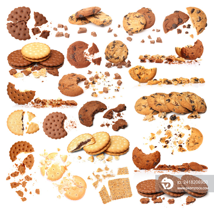 Set of delicious cookies on white background