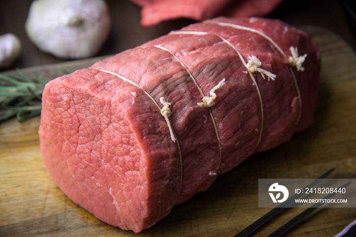 raw eye of round beef for roast beef with butcher’s knot