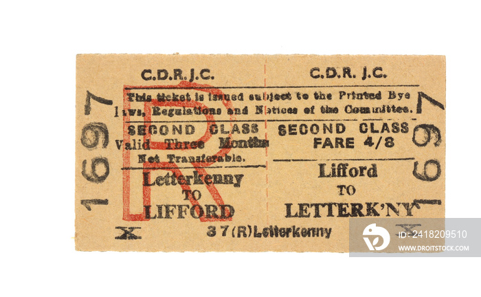 Fahrkarte Zug Irland Vintage Train Tickets Ireland alt old retro beige lifford letterkenny 1697 r zw