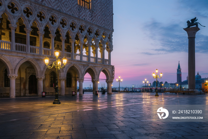 Early morning in San Marco Square without people in Venice before sunrise, Italy