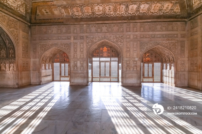 Agra Fort royal palace interior architecture with intricate wall artwork and carvings. Agra Fort is 