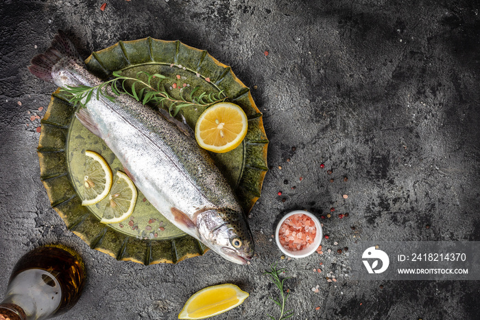 Rainbow trout. Raw fish trout with lemon. banner, menu, recipe place for text, top view