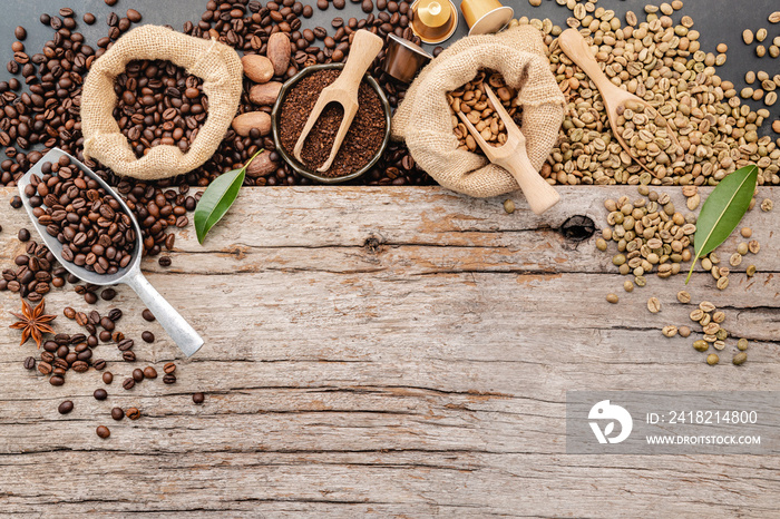 Background of various coffee , dark roasted coffee beans , ground and capsules with scoops setup on 