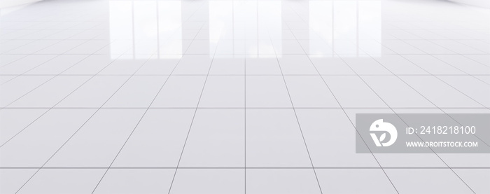 White tile floor background in perspective view. Clean, shiny and symmetry with grid line texture. F