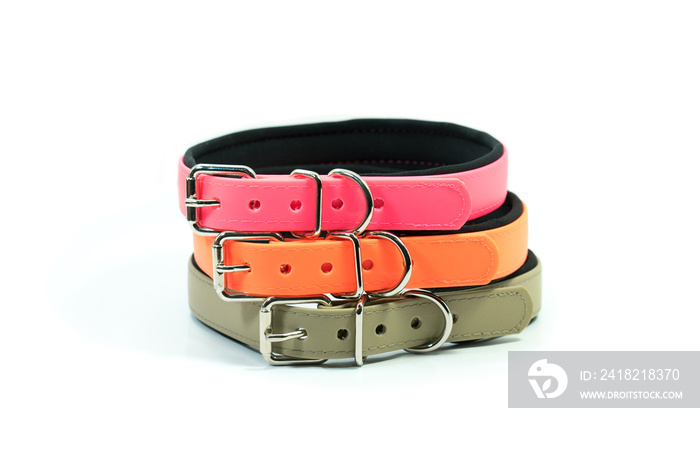 Pet supplies about rubber collars stack for pet on white background.