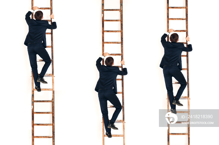 Businessman in black suit lift up the stair. Career and growth in business concept. White background