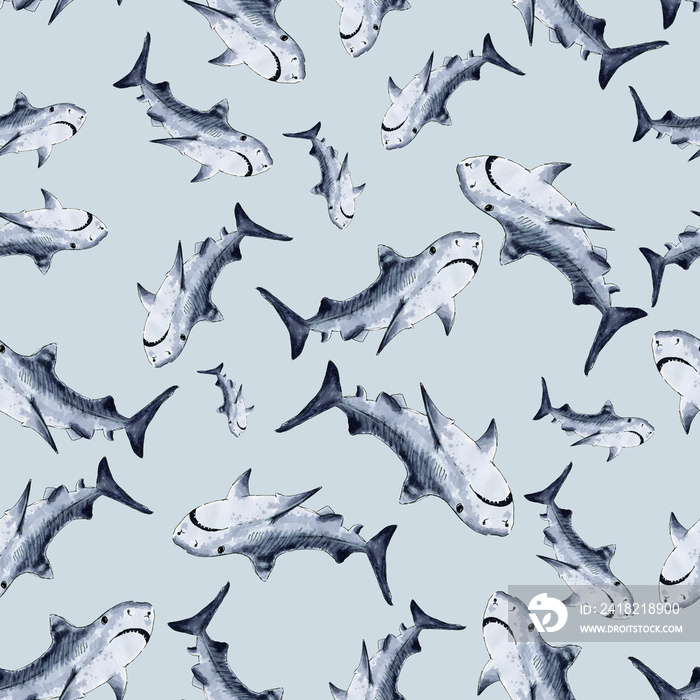 Elegant seamless pattern with abstract shark symbols, design ele
