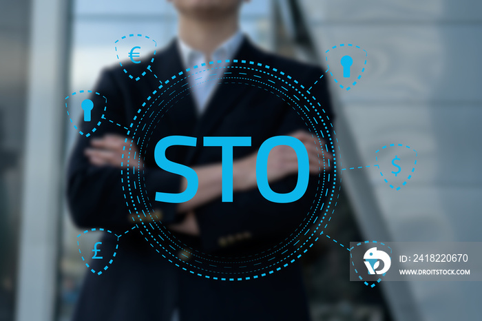 Security Token Offering STO cryptocurrency and blockchain concept, businessman pressing virtual grap