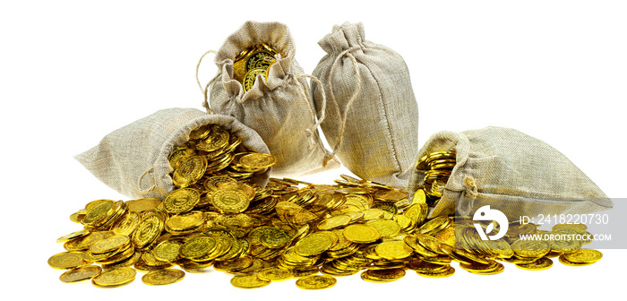 Stacking gold coin in treasure sack