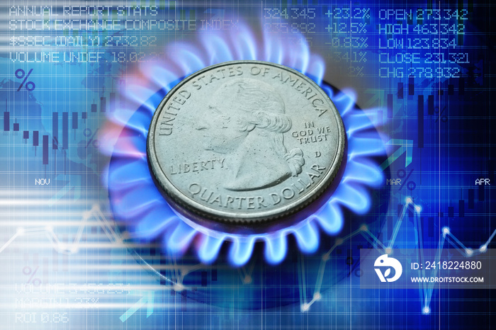 Gas price evolution concept with us dollar coin on gas burner and abstract background