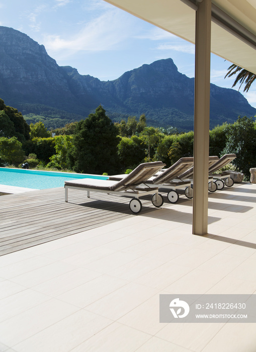 Lounge chairs lined up at sunny resort swimming pool below mountains