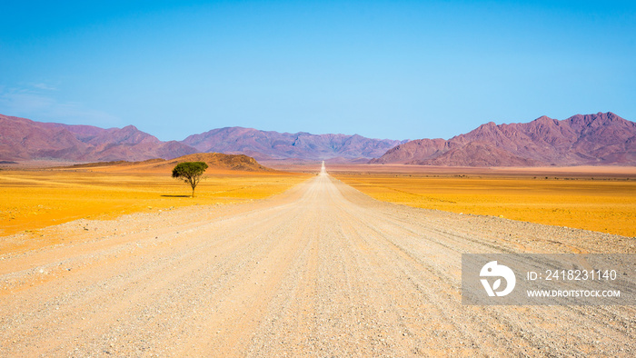 Gravel road crossing the colorful Namib desert, in the majestic Namib Naukluft National Park, best t