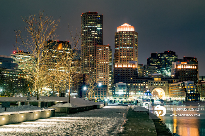 Boston Harbor Walkway, Waterfront, and Skyline at Night (Winter) - Boston, Massachusetts, USA