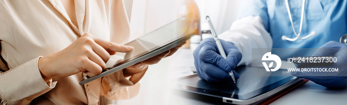 医疗技术概念医生使用手机、耳机和平板电脑。数字lapt