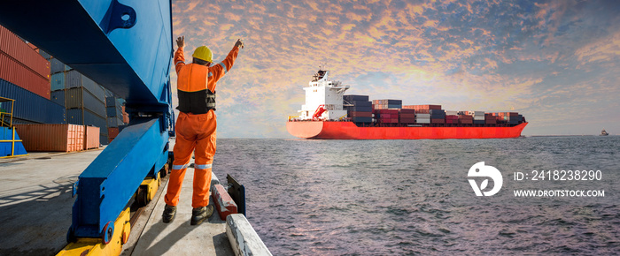 Panorama Container ship vessel departure from the sea port terminal after completion of loading/disc