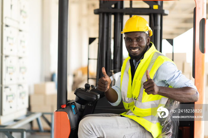 Warehouse man worker driver forklift. warehouse worker driver stacking card boxes by forklift in war