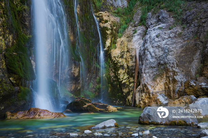 Grunas waterfall 2 km behind the village of Theth in Albania. Theth is a small village in Shkodër co