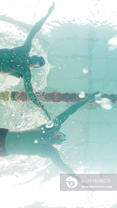 Underwater view male swimmers competing in swimming pool