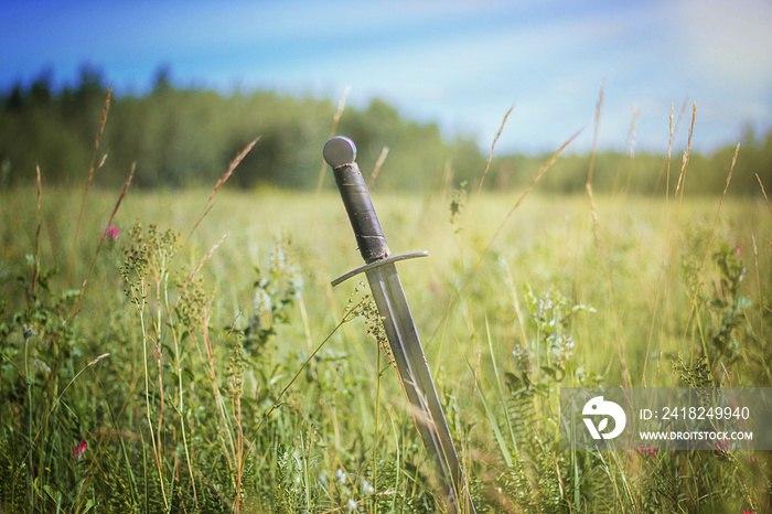 Bright sunbeams illuminate the knights sword thrust into the ground.  In the field against the back