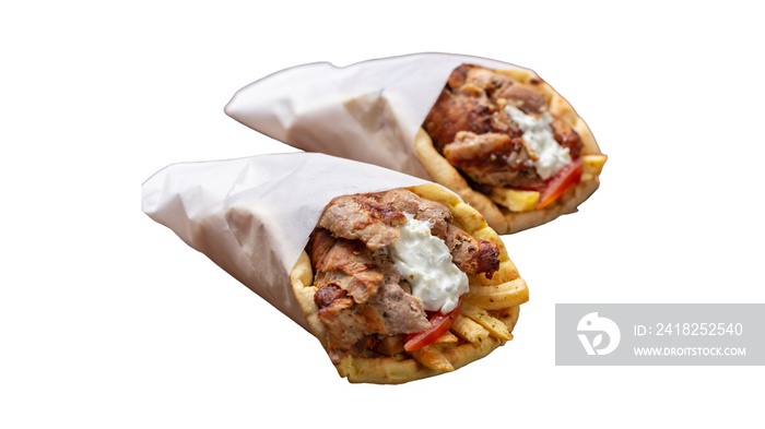 Gyro pita，shawarma，外卖，街头食品。传统希腊土耳其式，白色隔离的肉类食品