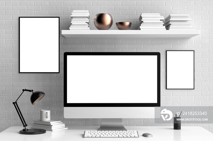 现代工作空间，独立的计算机屏幕和框架模型。3D插图。