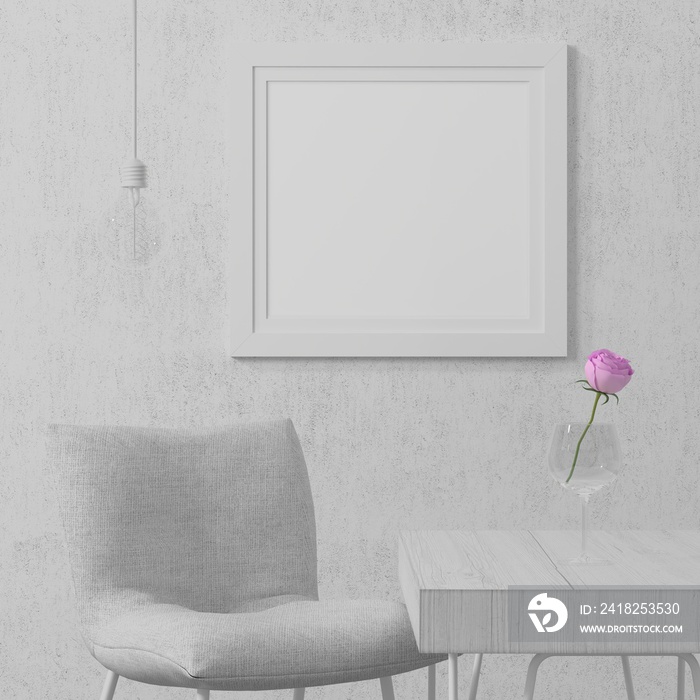 A mock up poster frame in modern interior background in living room behind of chair with flower, 3D 