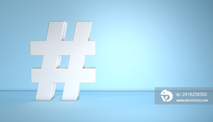 White hashtag on blue background with copy space