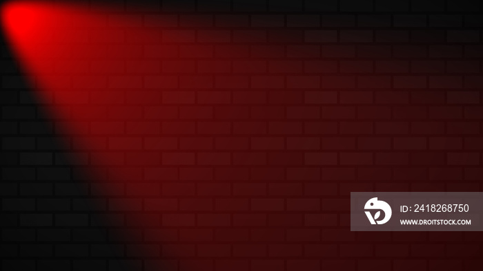 带有复制空间的红色霓虹灯的空砖墙。照明效果红色在砖瓦上发光