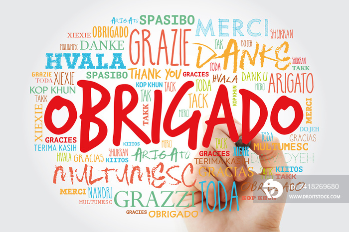 Obrigado（葡萄牙语谢谢你）世界多种语言中带有标记的单词云