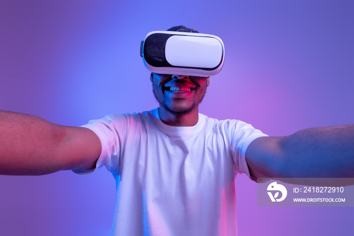 Virtual Entertainment Concept. Closeup Shot Of Excited Black Guy In VR Glasses