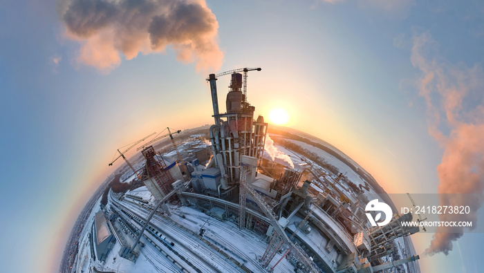 Aerial view from high altitude of little planet earth with cement factory tower with high concrete p