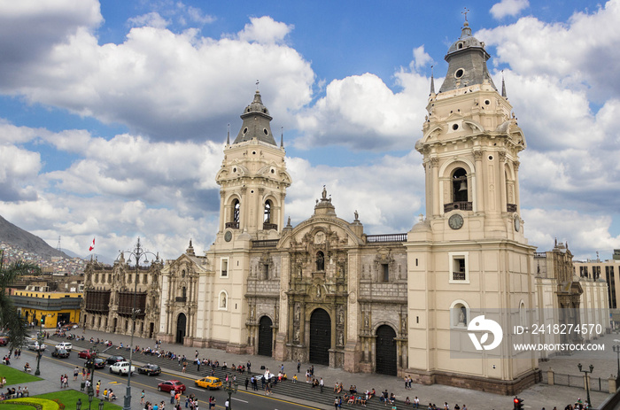 The Basilica Cathedral of Lima on Plaza Mayor Square, Lima, Peru, South America.