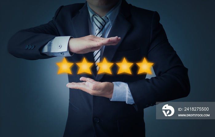 excellent service and best customer experience or good client , business man showing 5 stars rating 