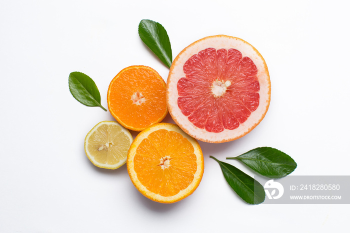 Many fresh citrus fruits, orange and grapefruit