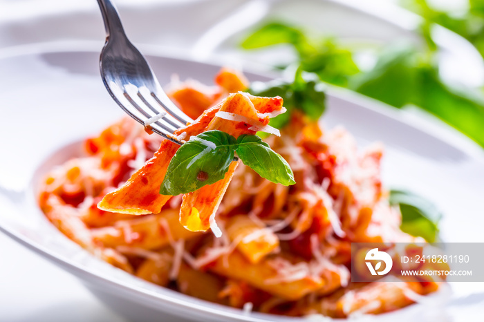 Pasta Penne with Tomato Bolognese Sauce，Parmesan Cheese and Basil on a Fork。地中海美食。意大利面